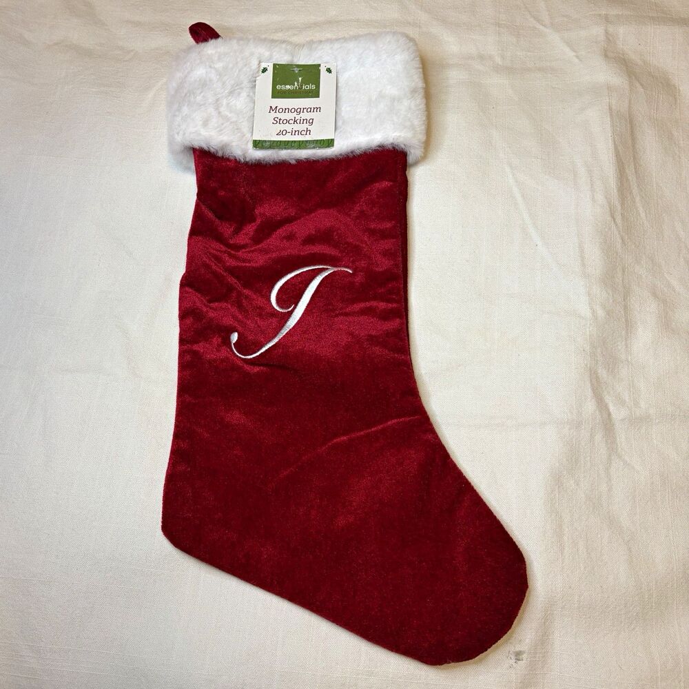Essentials Monogrammed Christmas Stocking Initial J 20 in Red/White Fabric